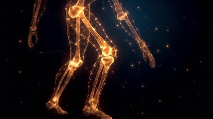 A closeup of a glowing, golden, abstract figure with a complex network of lines and dots, set against a dark, starry background. The figure appears to be in a dynamic pose.