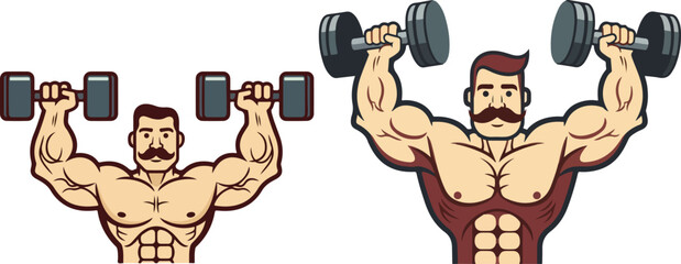 Old-School Gym Bodybuilder Lifting Dumbbells Retro Cartoon Illustration
