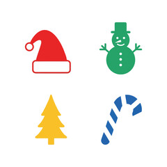 Set of flat christmas icons: santa hat, snowman, tree, and candy cane Vector, illustration