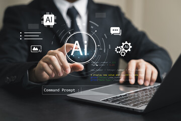 Business Professional Engaging with AI Technology Using Modern Digital Interface on Laptop in Office Environment