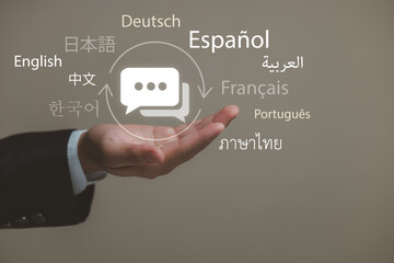 Diverse Languages and Communication Symbols Represented in a Hand, Showcasing Global Interaction in a Professional Setting