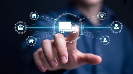 Smart Logistics and Modern Supply Chain Management. A businessman interacts digital ecosystem of parcel delivery, warehousing, and e-commerce, global shipping efficiency. AI
