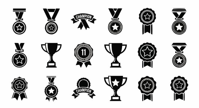 Collection of black and white champion awards including medals trophies and ribbons in vector format