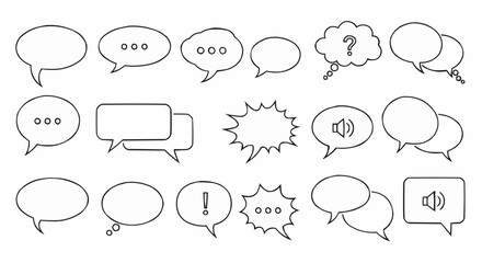 Illustration of various speech bubbles with different shapes and communication symbols shown here now