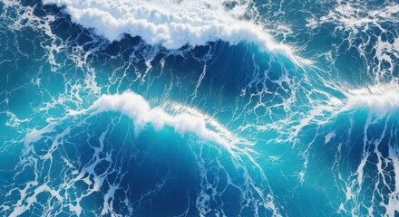 Fototapeta premium An aerial view of powerful ocean waves crashing and swirling with white foam, showcasing the deep blue and turquoise colors of the sea in motion