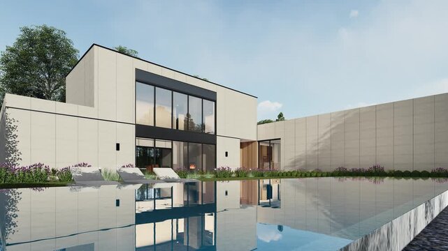 4K 3D Rendering Animation of Modern House Exterior with Swimming Pool, Daytime