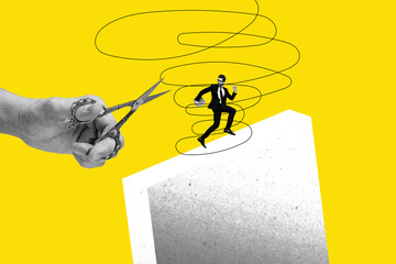 Exclusive 3d image full photo collage of determinate businessman run geometric figure hand cut scissors progress statistics