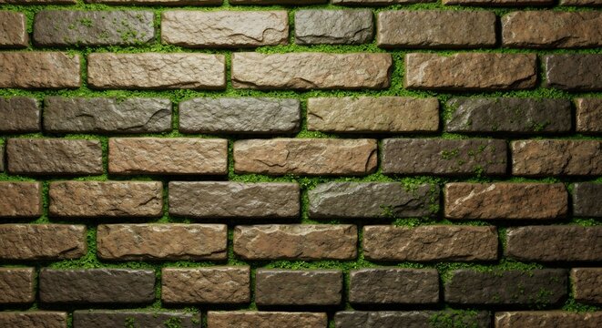 A textured brick wall with roughhewn earthytoned bricks and vibrant green moss filling the uneven mortar lines