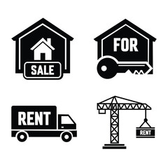 Real estate and property transaction silhouette icons including symbols for house sale, key possession, and rental services