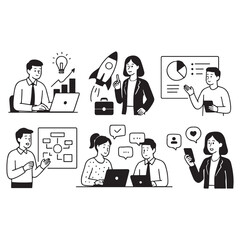 Set of people vector illustrations in various activities of online business, startup, management, project development, communication, social media. vector