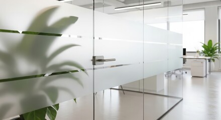 Modern office interior with frosted glass partitions and natural light, creating a bright and professional workspace