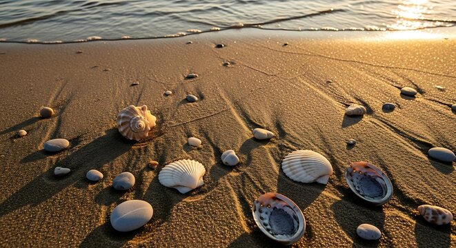 Seashells and pebbles scattered on a sandy beach at sunset.