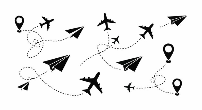 Aviation themed pattern with airplanes paper planes and location pins on dotted paths across white background