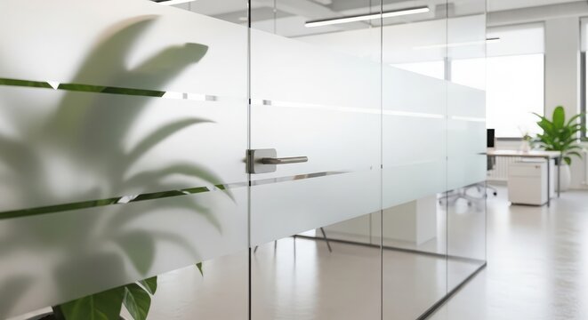 Modern office interior with frosted glass partitions and natural light, creating a bright and professional workspace