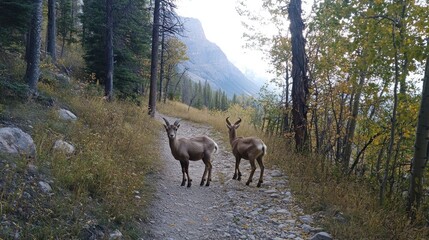 Two wild mountain goats standing on a rocky forest trail during autumn, with a large mountain in the background.