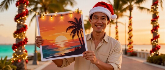 Happy Asian man in a Santa hat celebrating a tropical Christmas holiday. Smiling person holding a sunset beach art print on vacation