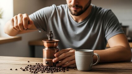 Man Grinding Coffee Beans with Manual Grinder at Home.