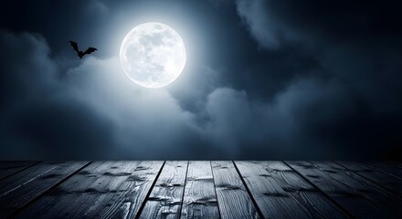 Eerie full moon shines through dark clouds over wooden deck with bat silhouette