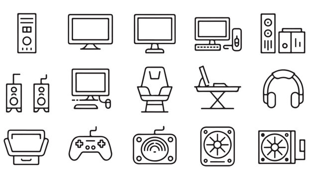 Clean line art icons of home entertainment systems and gaming accessories