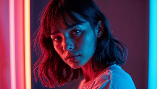 Young woman enigmatic gazing forward under vivid colored lighting against blurred vertical light background