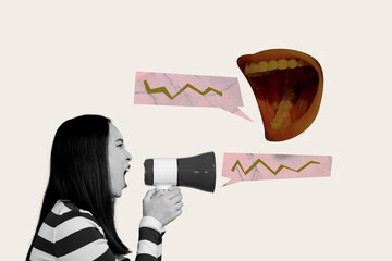 Creative trend artwork design 3D collage sketch of young woman talk loudspeaker message open mouth...