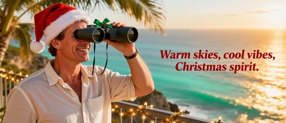 Man in a Santa hat celebrating Christmas on a tropical vacation. Smiling tourist looking through binoculars at the ocean sunset from a balcony