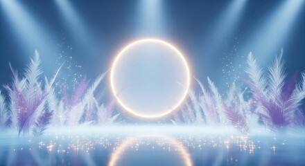 Abstract glowing neon circle with ethereal light particles and beams