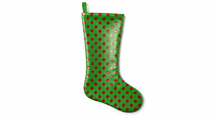 Green Christmas stocking with red polka dots isolated on white