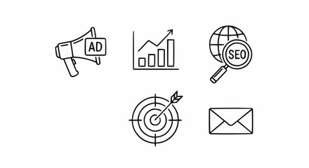 Illustration of marketing icons including megaphone, chart, globe, target, and email with black lines