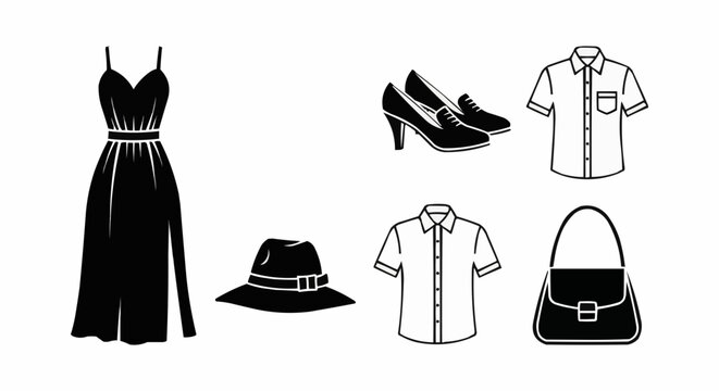 Illustration of a dress, shoes, hat, shirts, and a handbag in black and white fashion icons style