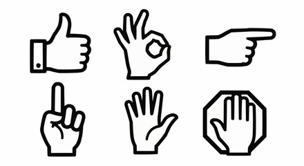Illustration of various hand gestures including thumbs up ok pointing and stop signals in black and white