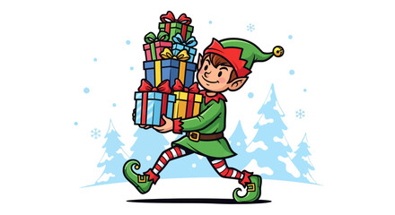 Naklejka premium Cheerful Christmas elf delivering presents in a snowy winter wonderland, spreading joy and holiday cheer for festive celebrations and heartwarming moments