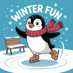 Cute penguin ice skating winter illustration featuring cheerful character in scarf gliding on ice with snowflakes and seasonal outdoor scene, perfect for holiday and kids designs.