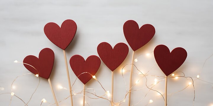 Red heart shaped decorations on sticks with fairy lights against a white background backdrop image