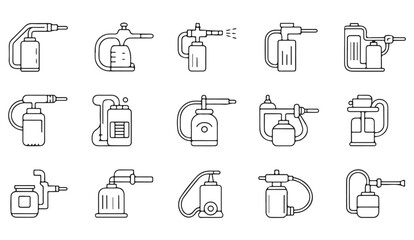 Fototapeta premium Thin-line icon pack of spray bottles, pumps, and maintenance fluid tools