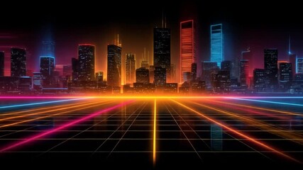 Abstract digital city skyline with vibrant neon lights and grid lines - Powered by Adobe