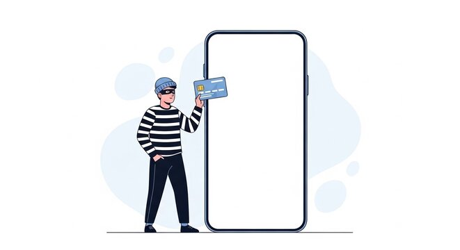 A cartoon hacker in a mask and striped shirt steals credit card information for online fraud beside a large smartphone with a blank screen for mockup - Powered by Adobe