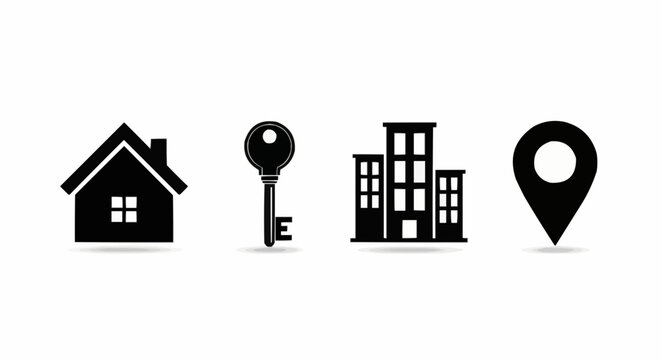Illustration of a house, key, buildings and location pin in black and white vector format