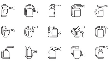 Minimalist sprayer, dispenser, and liquid container line icon set for cleaning products