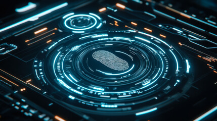 Futuristic fingerprint scan interface displayed on a high-tech digital screen in a cybernetic environment