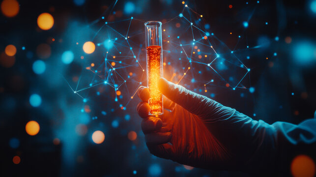 Scientist experimenting with glowing liquid in laboratory setting during night hours