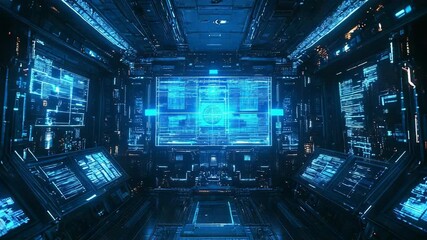 Futuristic spaceship command center displaying digital data interface - Powered by Adobe