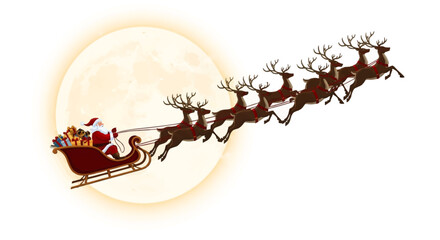 Santa Claus delivering gifts in his magical sleigh pulled by flying reindeer across a luminous moonlit sky