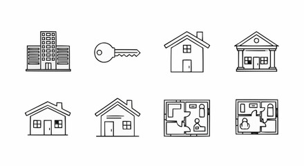 Fototapeta premium Illustration of real estate icons including houses, building, key and floor plans in outline style