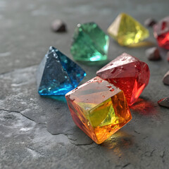 Obraz premium A vibrant 3D render featuring multi-colored glass pieces set against a neutral gray background.