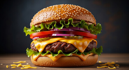 Juicy gourmet cheeseburger with fresh lettuce tomato onion and melted cheese on a sesame seed bun