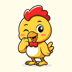 Winking yellow chick cartoon mascot smiling