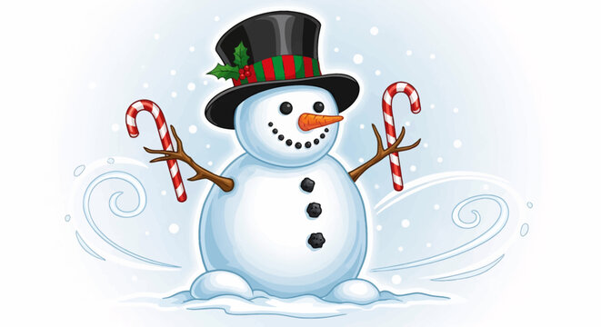 Joyful snowman holding candy canes in a winter wonderland, perfect for festive holiday greetings and seasonal promotions