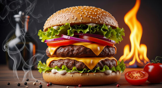 Juicy double cheeseburger stacked high with fresh lettuce and onions with flames and smoke