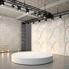 A sleek 3D render featuring a vector-style abstract background with a modern podium.